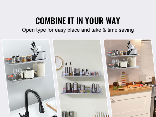 VEVOR 8.6" x 30" Stainless Steel Shelf, Wall Mounted Floating Shelving with Backsplash, 44 lbs Load Capacity Commercial Shelves, Heavy Duty Storage Rack for Restaurant, Kitchen, Bar, Home, and Hotel