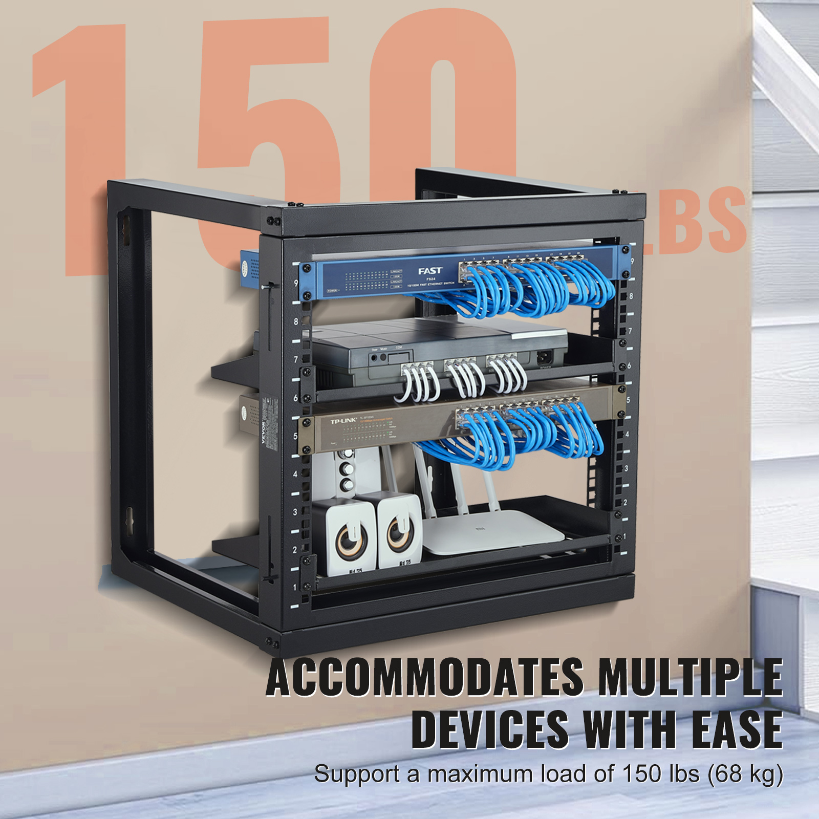 VEVOR 9U Wall Mount Rack 150 lbs/68.04 kg Open Frame Server Network Rack Black - Picture 3 of 12