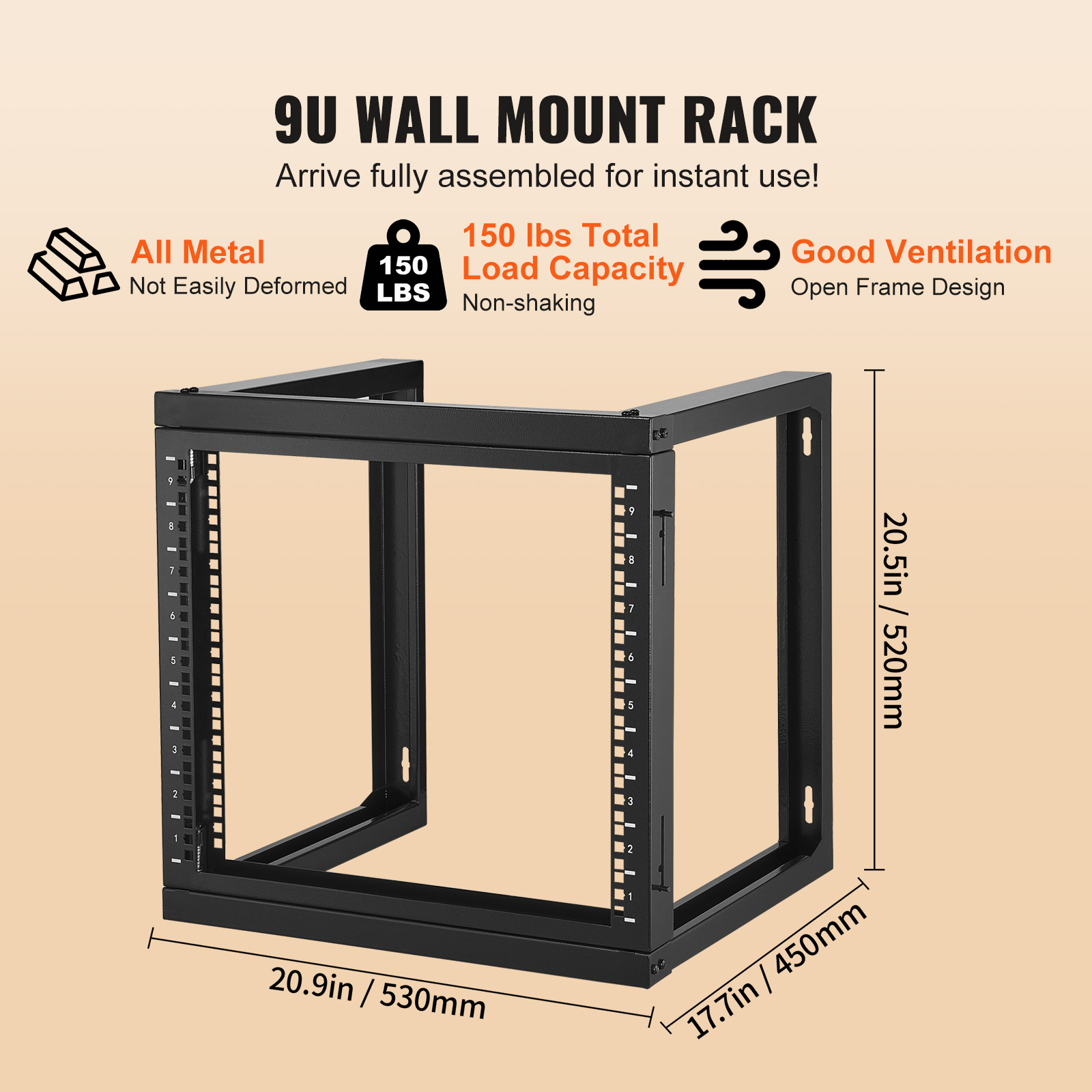VEVOR 9U Wall Mount Rack 150 lbs/68.04 kg Open Frame Server Network Rack Black - Picture 4 of 12