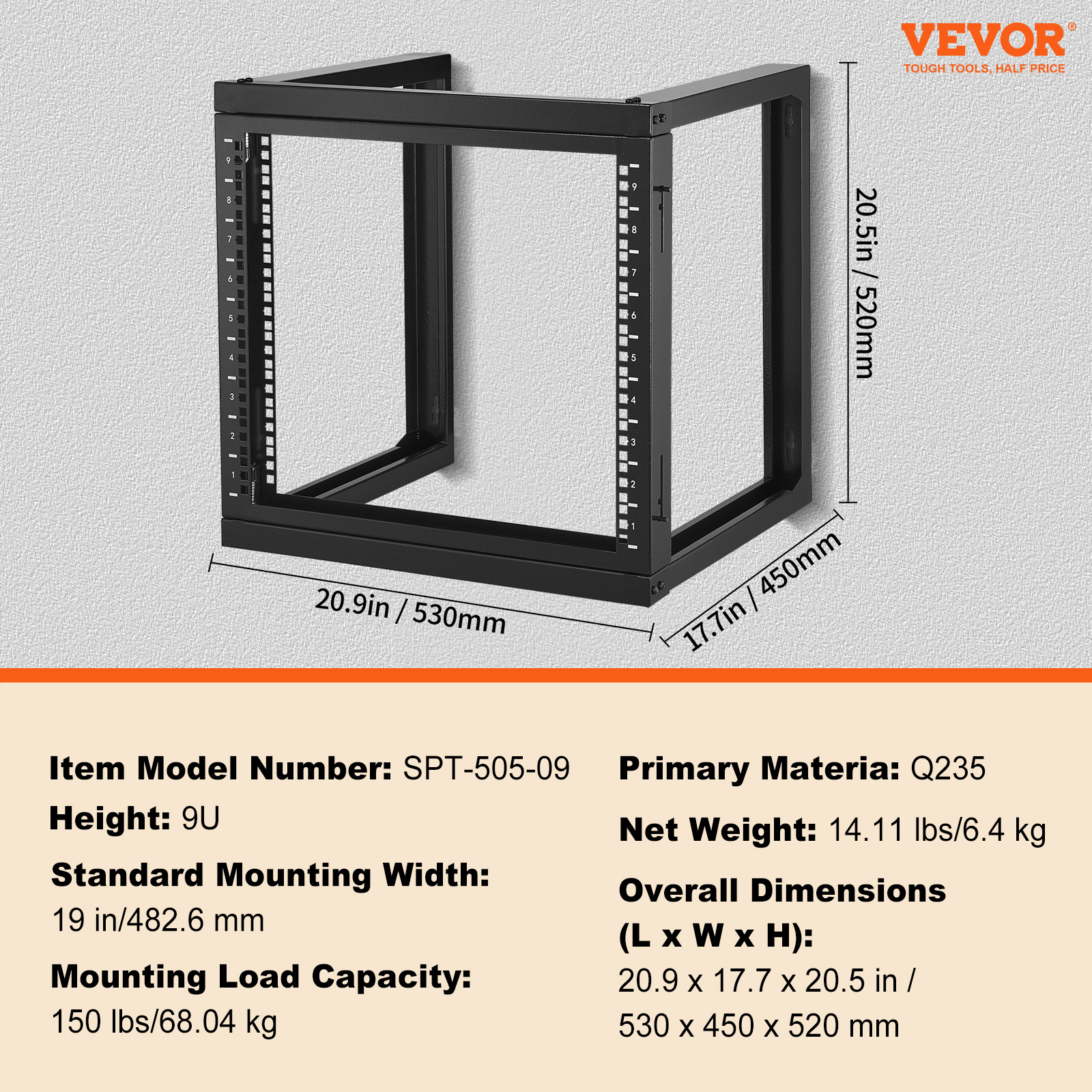 VEVOR 9U Wall Mount Rack 150 lbs/68.04 kg Open Frame Server Network Rack Black - Picture 7 of 12