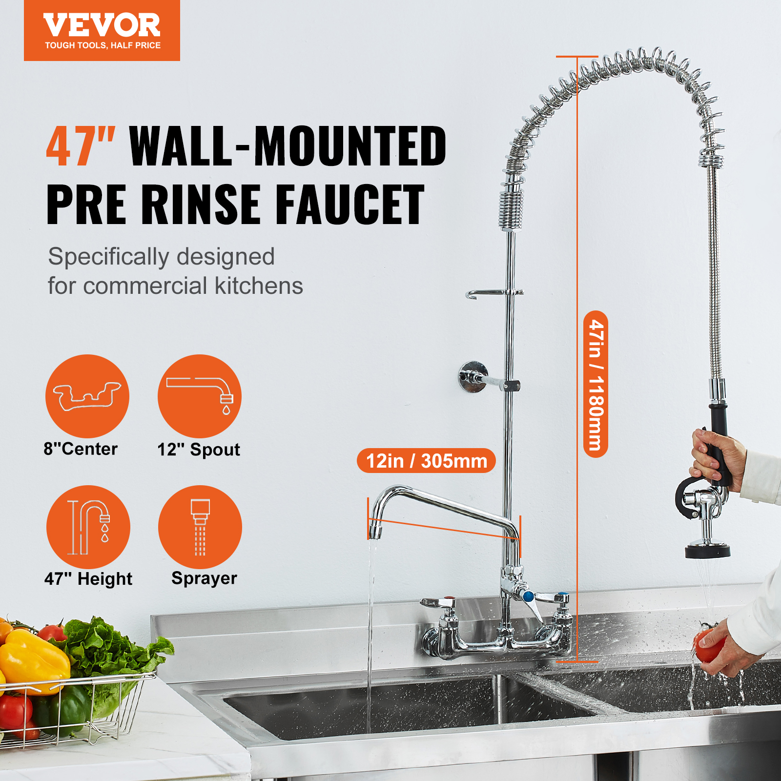 Commercial Pre-Rinse Kitchen Sink Faucet w/ Sprayer Mixer Tap 21-47in - Picture 40 of 86