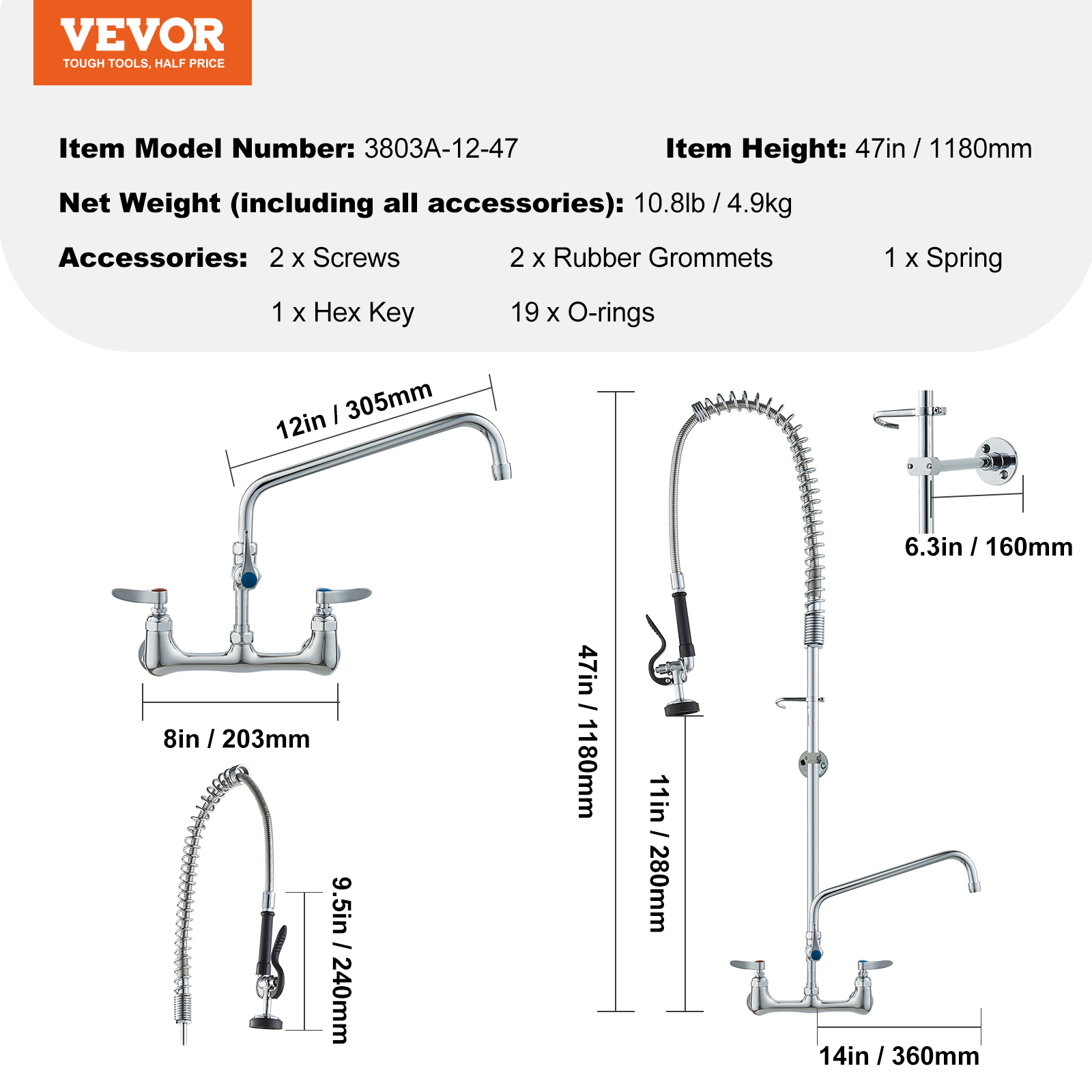 Commercial Pre-Rinse Kitchen Sink Faucet w/ Sprayer Mixer Tap 21-47in - Picture 45 of 86