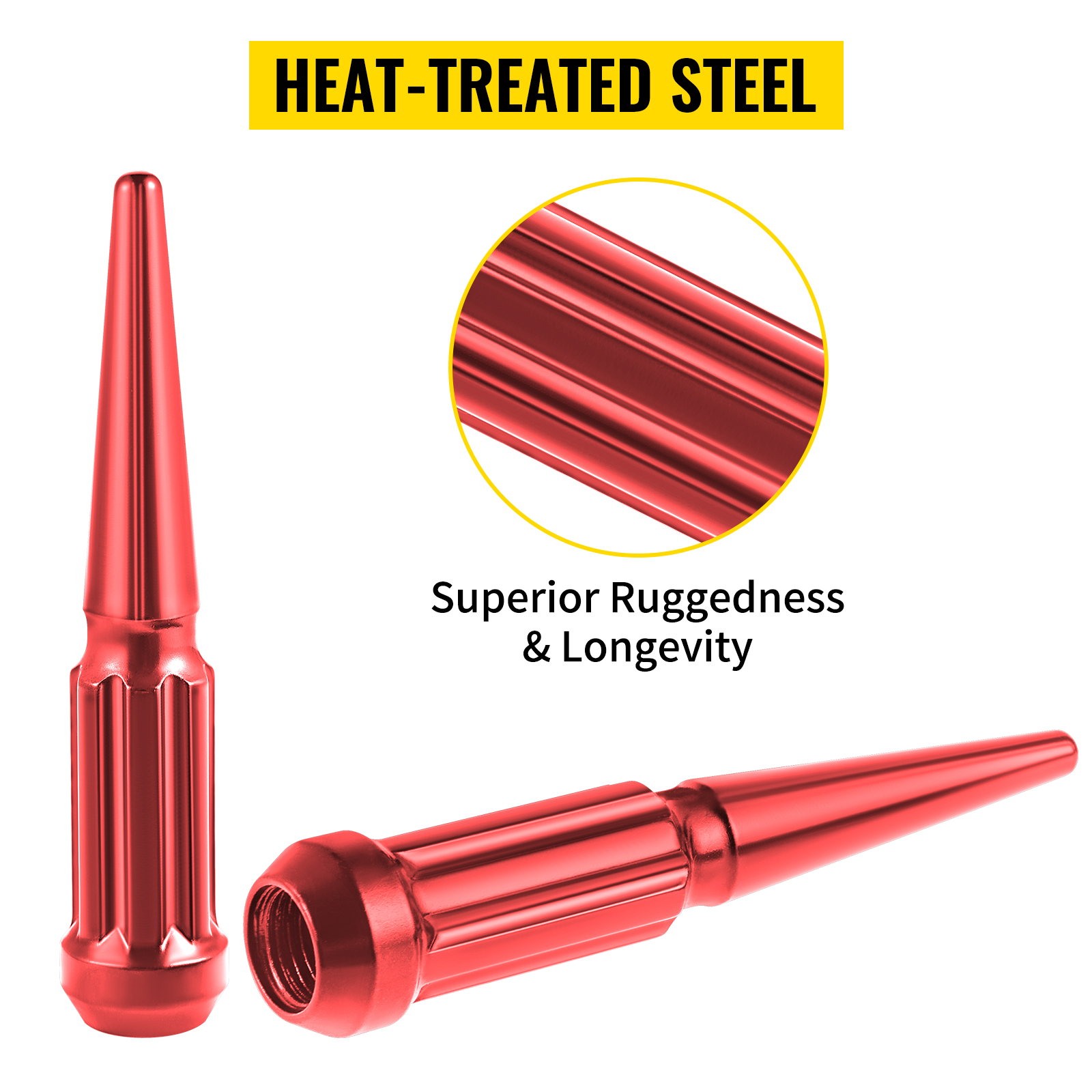 20-Pack Red Spike Lug Nuts M14x1.5 – 4.5 Inch Tall Solid Steel With Key – Cone Seat – 5 Lug Fit