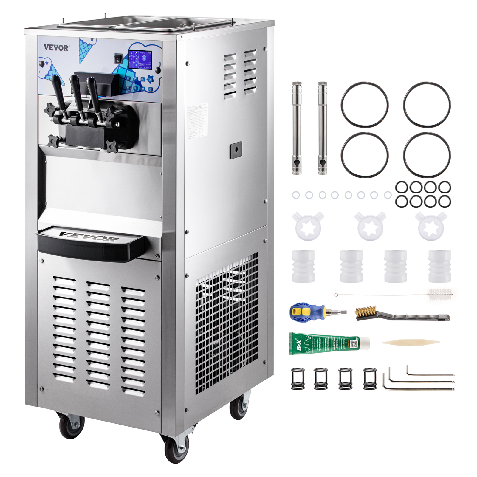 VEVOR 2200W Commercial Soft Ice Cream Machine 3 Flavors 5.3 to 7.4Gallon  per Hour PreCooling at Night Auto Clean LCD Panel for Restaurants Snack  Bar, Sliver