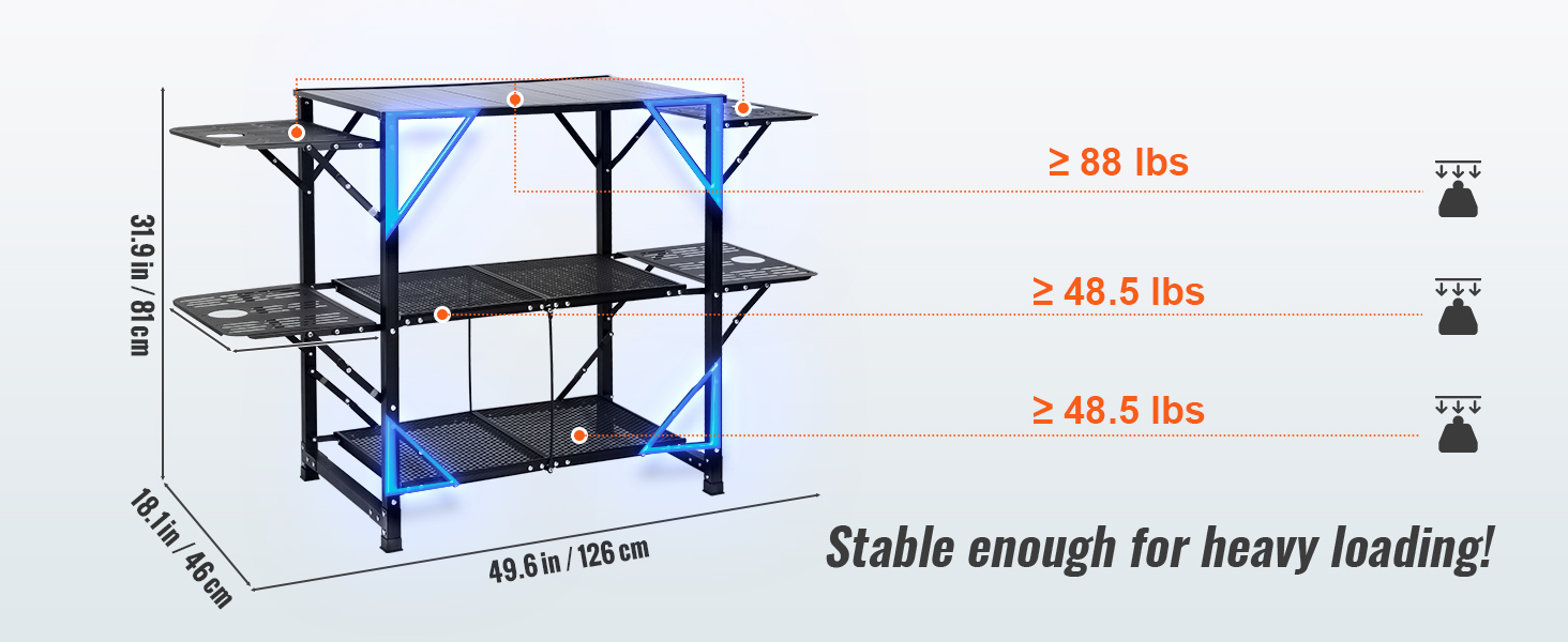 VEVOR VEVOR Cucina da Campeggio per Cottura BBQ Pieghevole Portatile 2  Ripiani Carico 40 kg Materiale in Alluminio Ferro Dimensioni Estese  126x46x81 cm, Tavolo Pieghevole Portaoggetti da Campeggio per BBQ