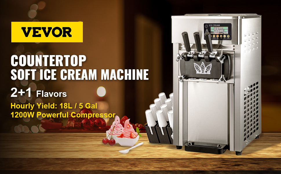 VEVOR Máquina para hacer helados comerciales VEVOR, máquina de servicio  suave para mostrador de 2 + 1 sabores, máquina para hacer helados  comerciales de 5 gal/h con dos tolvas de 3 L