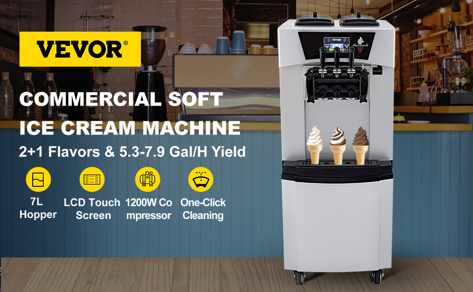 VEVOR Commercial Ice Cream Machine, 20-30L/H Yield, 2+1 Flavors