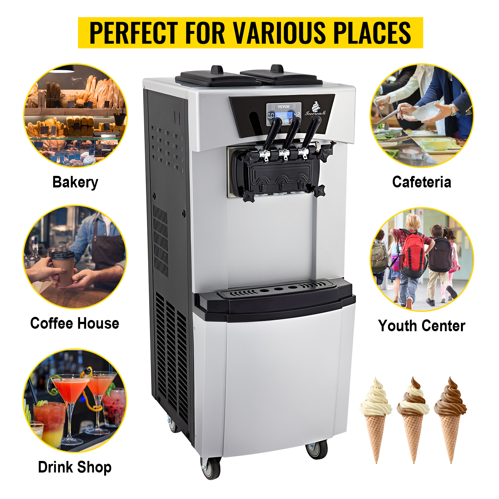 Commercial 3 Flavors Soft Ice Cream Machine 12L Frozen Ice Cream Cones  Machine Handness Adjustment 110V or 220V