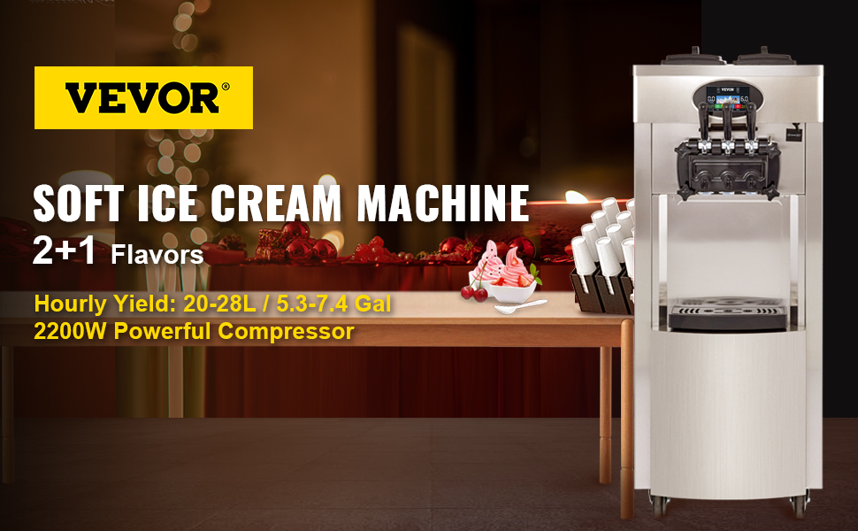 VEVOR Commercial Soft Ice Cream Machine, 3 Flavors Ice Cream Machine, 18-28  L/H (4.8-7.4 Gal/H) Gelato Machine Commercial, 2200W Countertop Commercial  Yogurt Maker Machine, With LED Intelligent Panel 