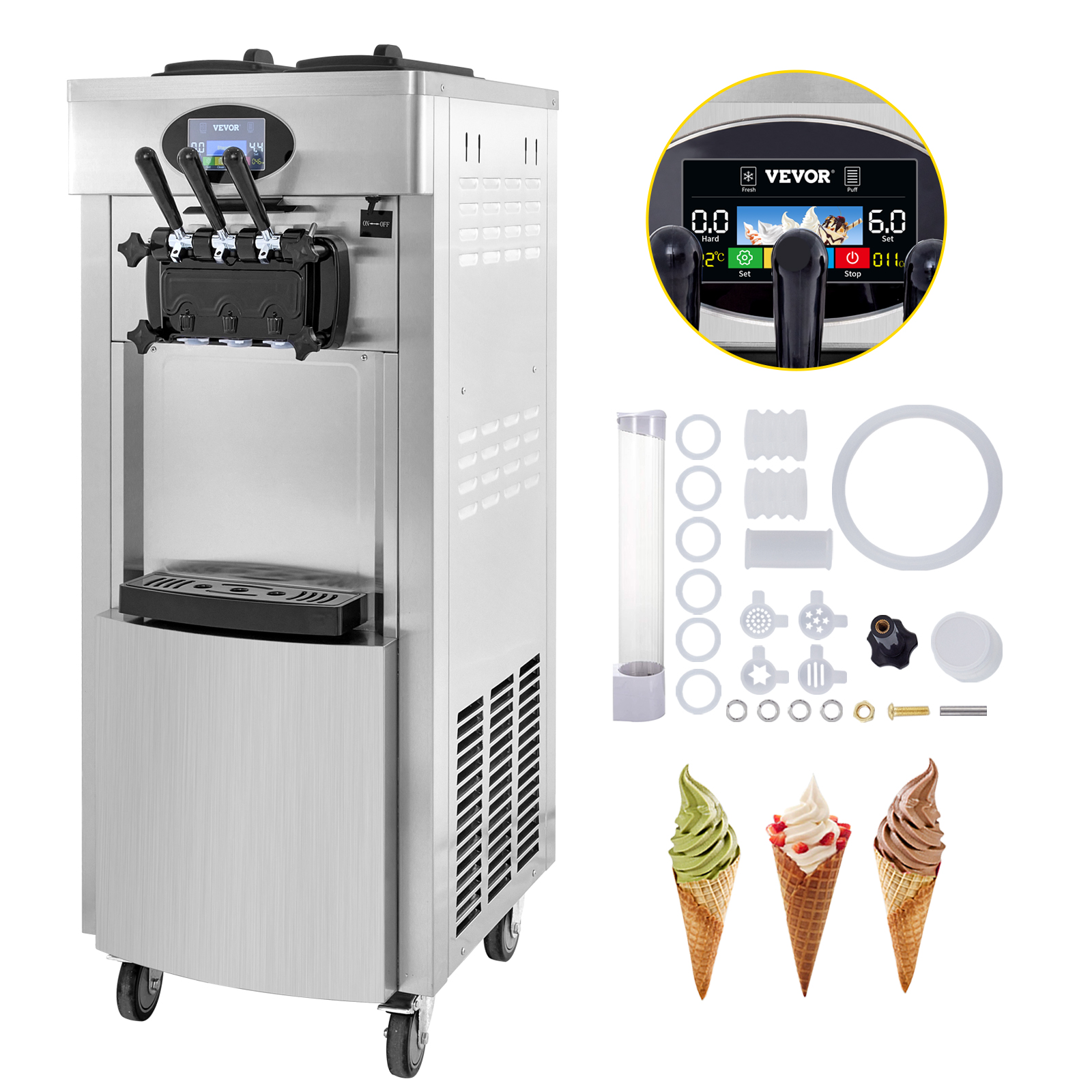 VEVOR 2200W Commercial Soft Ice Cream Machine 3 Flavors 5.3 to 7.4Gallon per Hour PreCooling at Night Auto Clean LCD Panel for Restaurants Snack Bar, Sliver | VEVOR