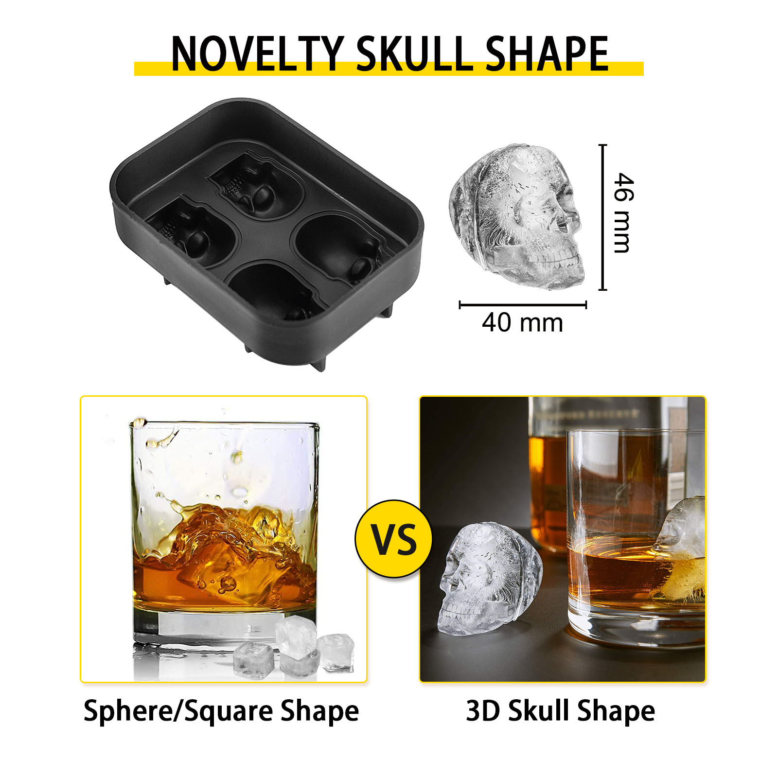 3D Skull Shape Ice Ball Maker Mold Black Flexible Silicone Whiskey Ice CubeTray 
