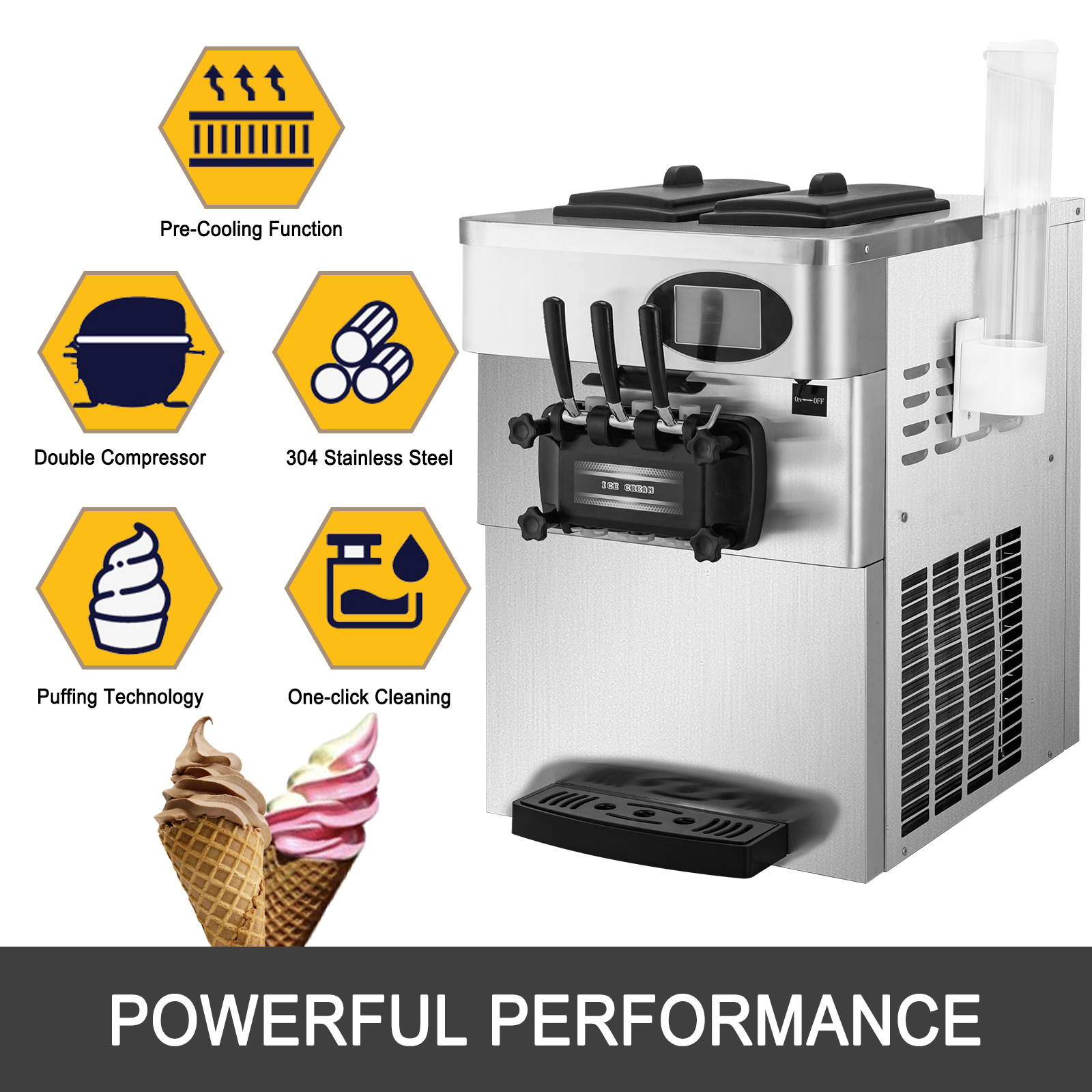 VEVOR 18-28l/h Commercial Soft Serve Ice Cream Maker 3 Flavors Ice Cream Machine