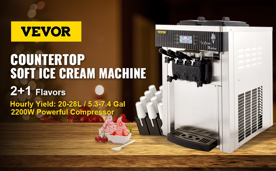 VEVOR 2200W Commercial Soft Ice Cream Machine 3 Flavors 5.3 to 7.4Gallon per Hour precooling at Night Auto Clean LCD Panel for Restaurants Snack Bar