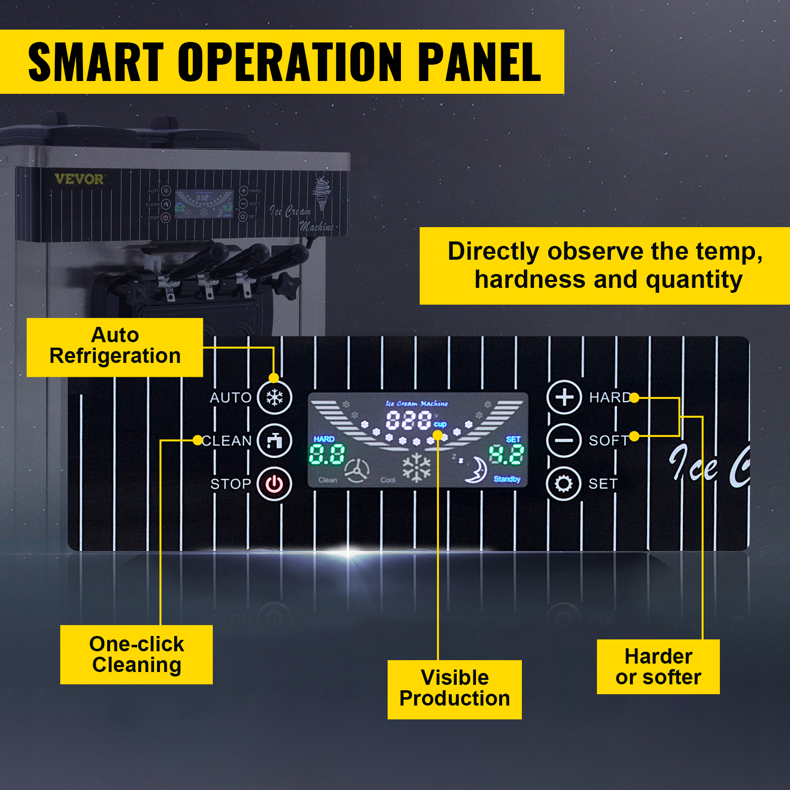 VEVOR 2200W Commercial Soft Ice Cream Machine 3 Flavors 5.3-7.4gallons /hour LED Panel