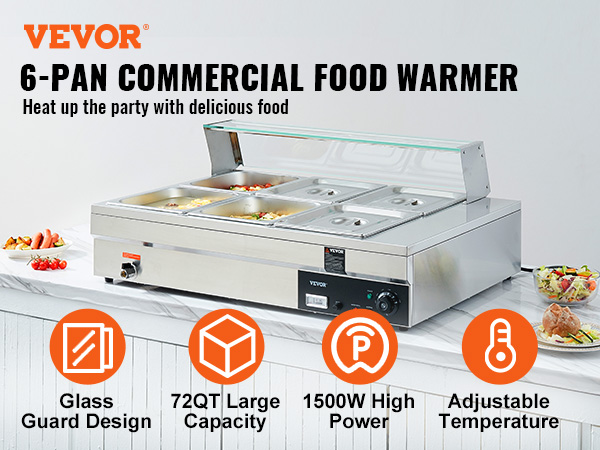 VEVOR 3-Pan Commercial Food Warmer 3 x 12qt Electric Steam Table with Tempered Glass Cover 1500W Countertop Stainless Steel Buffet Bain Marie