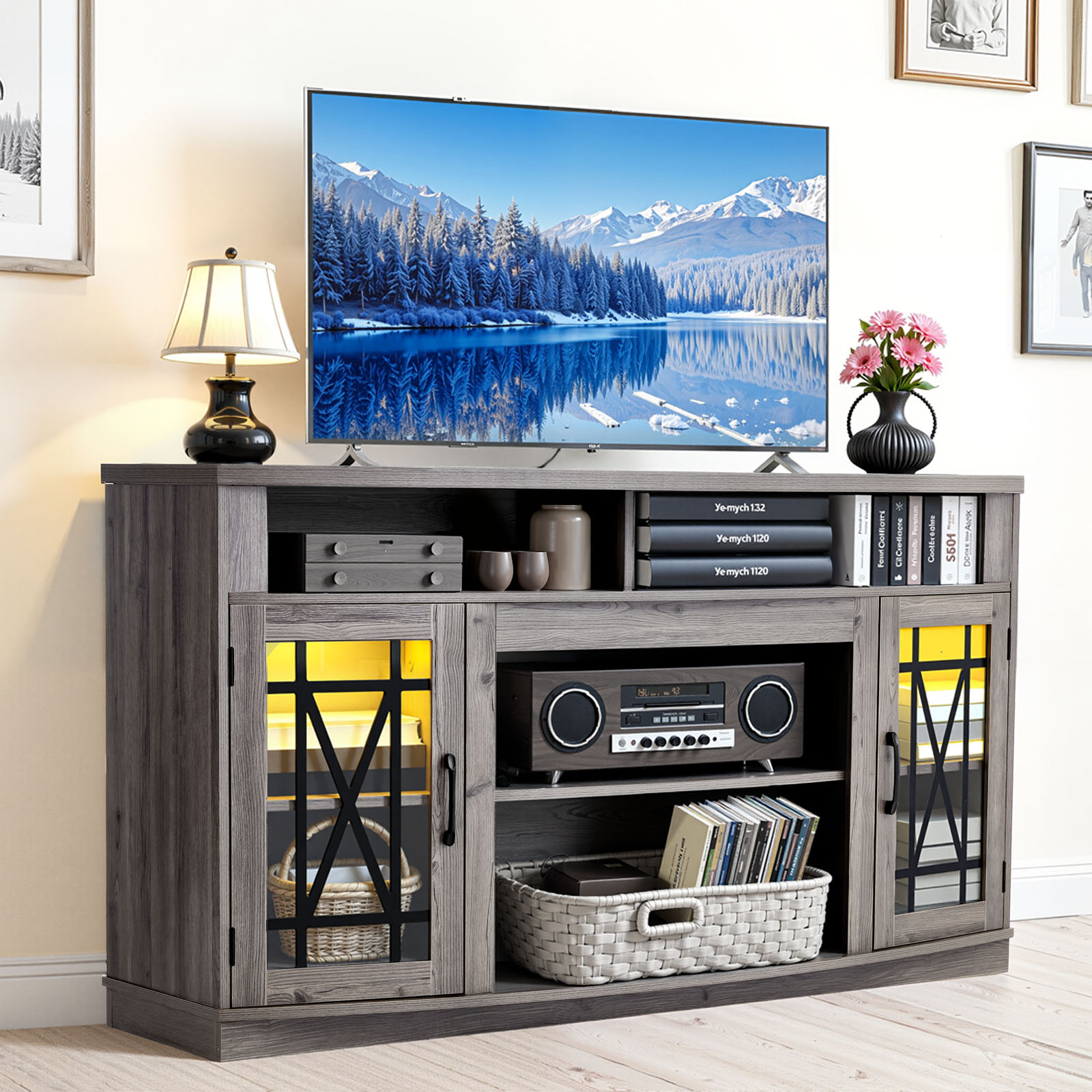 For Tvs Up To 65/75 In Modern Entertainment Center W/ Glass Shelf/doors