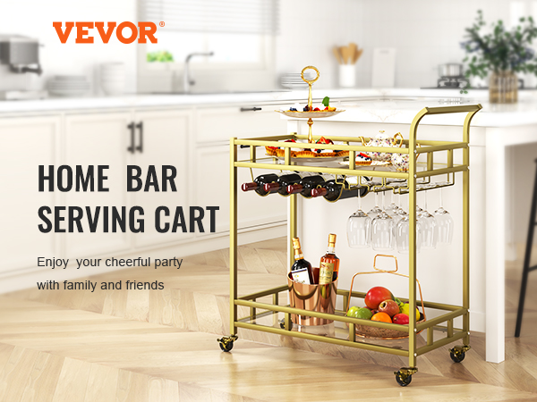 Rolling Bar Serving Cart,2 Tiers,120 LBS Load Bearing