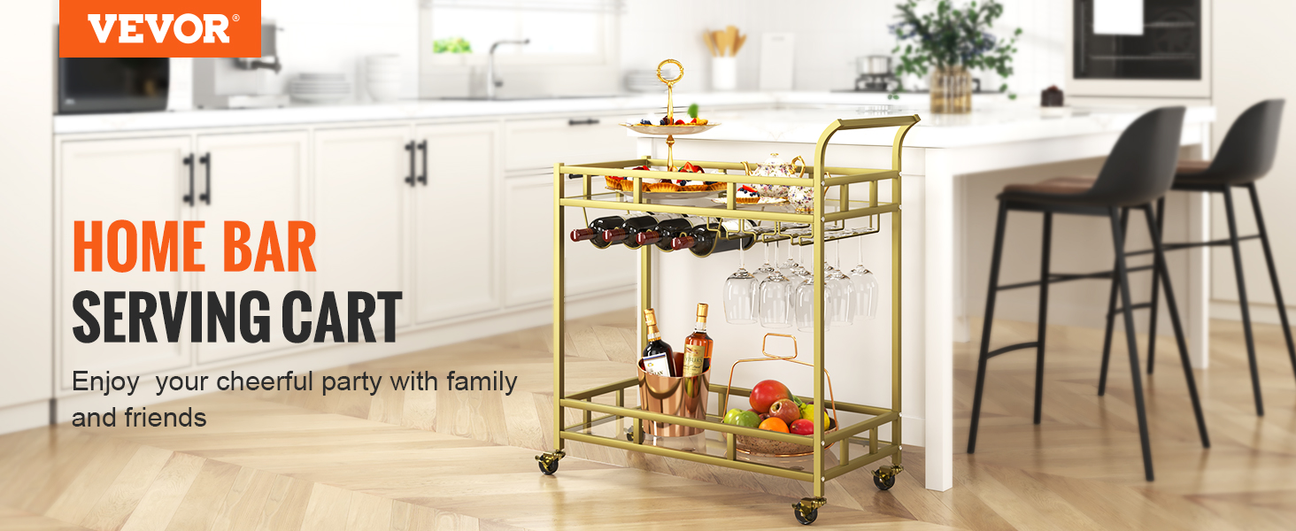 Rolling Bar Serving Cart,2 Tiers,120 LBS Load Bearing