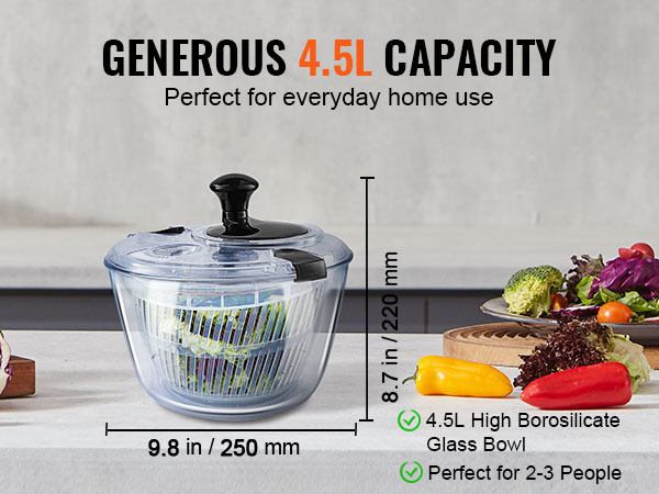 VEVOR Essoreuse à Salade 4,5L En Verre Et Acier Inoxydable - Sécheuse Légumes à Pression Une Main - Bol 4,5L Panier 3L