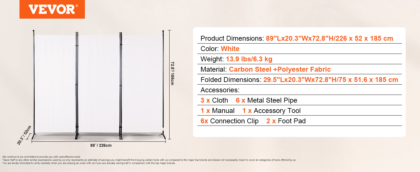 VEVOR Room Divider, 6.1 ft Room Dividers and Folding Privacy Screens (3-panel), Fabric Partition Room Dividers for Office, Bedroom, Dining Room, Study, Freestanding, White