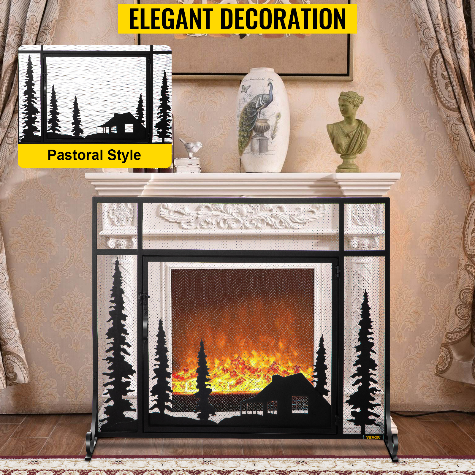 J-Fireplace - Chimenea grande de hierro forjado de un solo panel, protector  de chispas vintage para exteriores con malla de metal, cubierta protectora