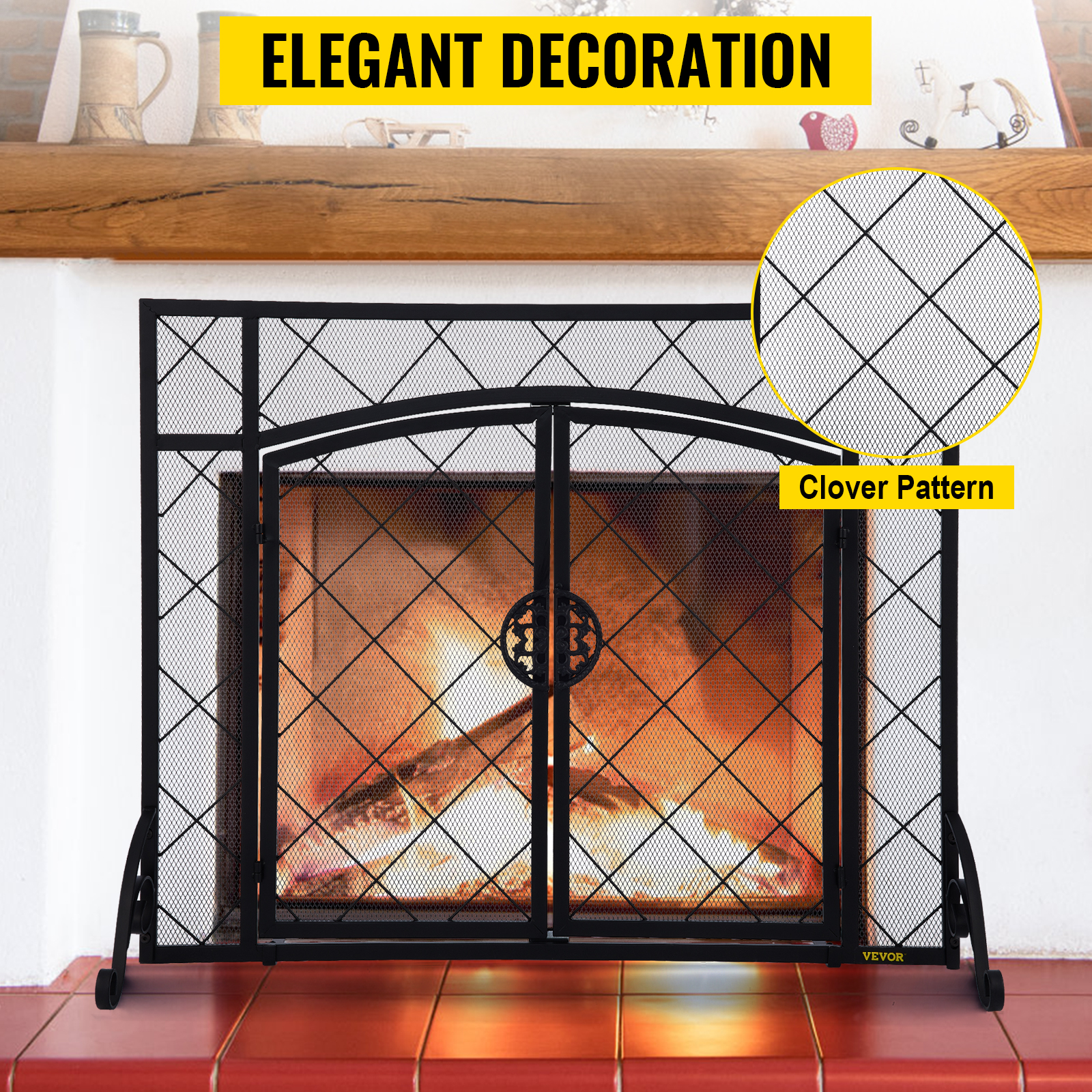 VEVOR Fireplace Screen, 44 x 33 Inch, Double Door Iron Freestanding Spark Guard with Support, Metal Mesh Craft, Broom Tong Shovel Poker Included for Fireplace Decoration & Protection, Black