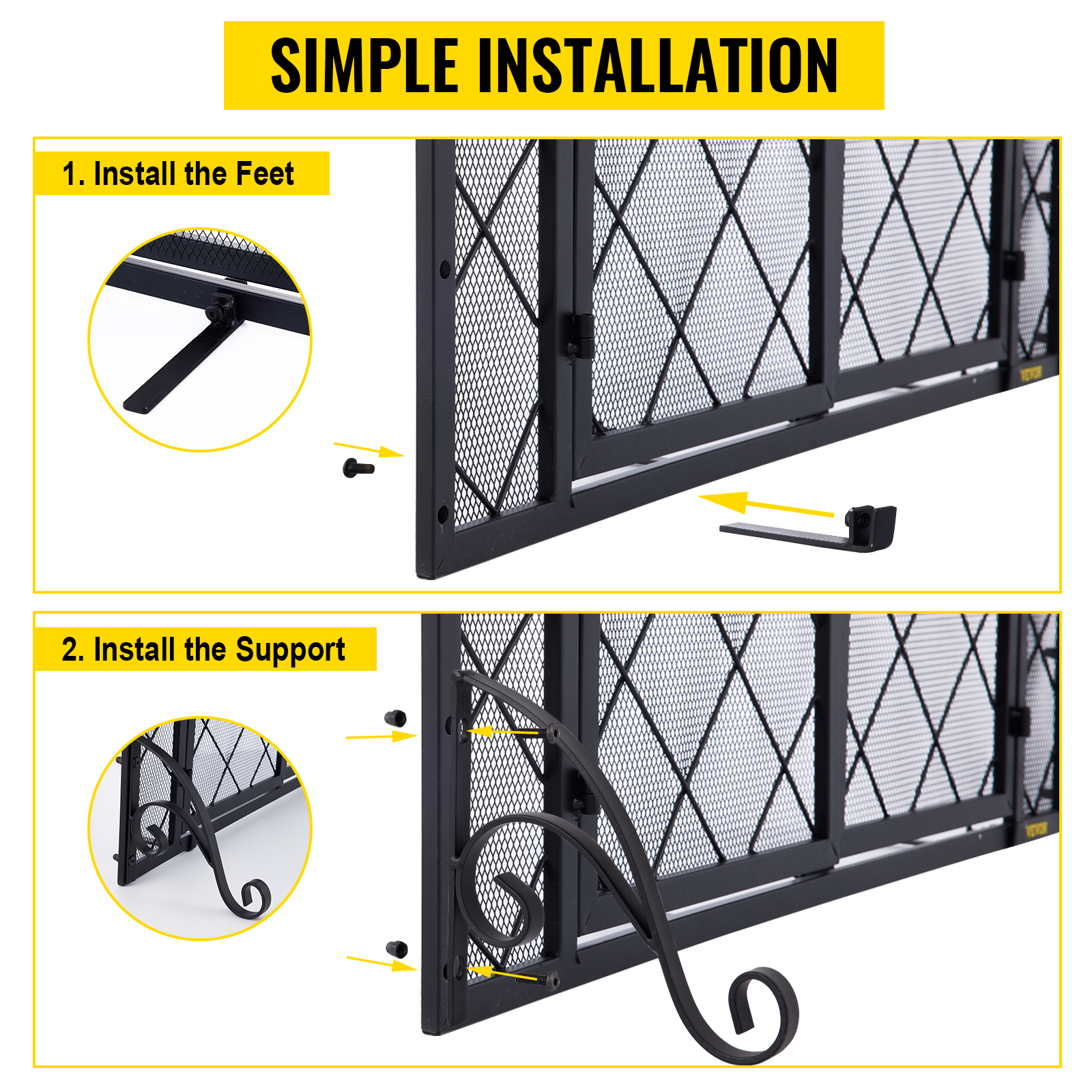 VEVOR Fireplace Screen, 44 x 33 Inch, Double Door Iron Freestanding Spark Guard with Support, Metal Mesh Craft, Broom Tong Shovel Poker Included for Fireplace Decoration & Protection, Black