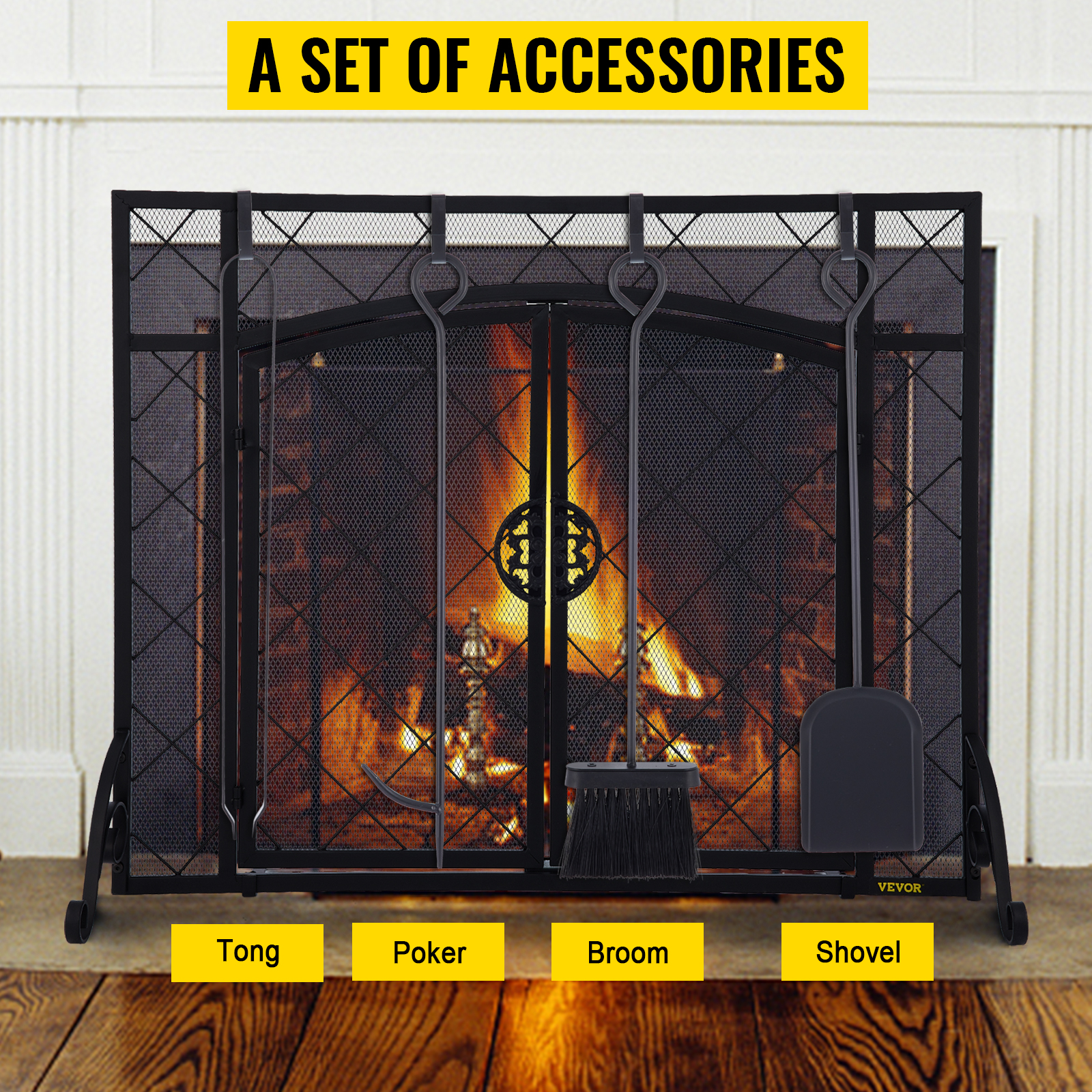 VEVOR Fireplace Screen, 44 x 33 Inch, Double Door Iron Freestanding Spark Guard with Support, Metal Mesh Craft, Broom Tong Shovel Poker Included for Fireplace Decoration & Protection, Black