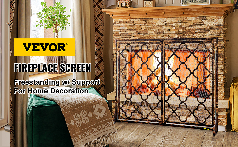 VEVOR Fireplace Screen, 39 x 31 Inch, Double Door Iron Freestanding Spark  Guard with Support, Rustic Metal Mesh Craft, Broom Tong Shovel Poker  Included for Fireplace Decoration & Protection, Copper
