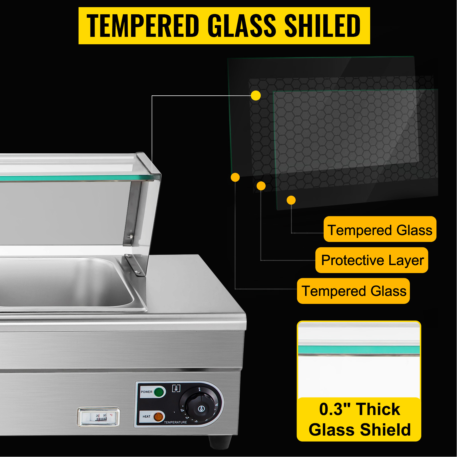 VEVOR Commercial Food Warmer, 4 x 1/2 Pans, 44 Qt Electric Bain Marie with 6" Deep Pans, Stainless Steel Steam Table with Tempered Glass Shield, 1500W Countertop Buffet Warmer with Lids & Ladles, 110V
