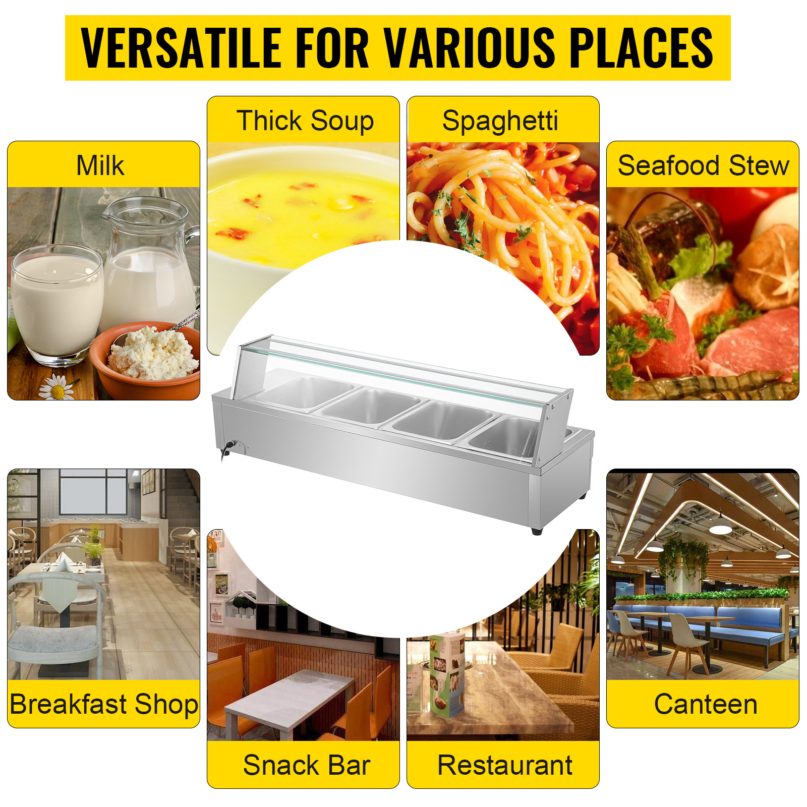 VEVOR Commercial Food Warmer, 4 x 1/2 Pans, 44 Qt Electric Bain Marie with 6" Deep Pans, Stainless Steel Steam Table with Tempered Glass Shield, 1500W Countertop Buffet Warmer with Lids & Ladles, 110V