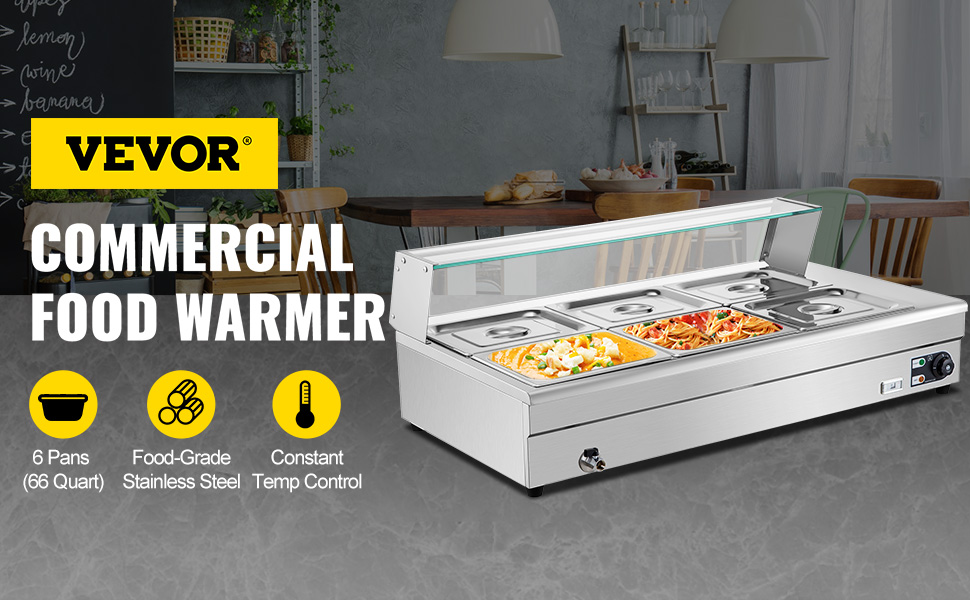 VEVOR 3-Pan Commercial Food Warmer 3 x 12qt Electric Steam Table with Tempered Glass Cover 1500W Countertop Stainless Steel Buffet Bain Marie