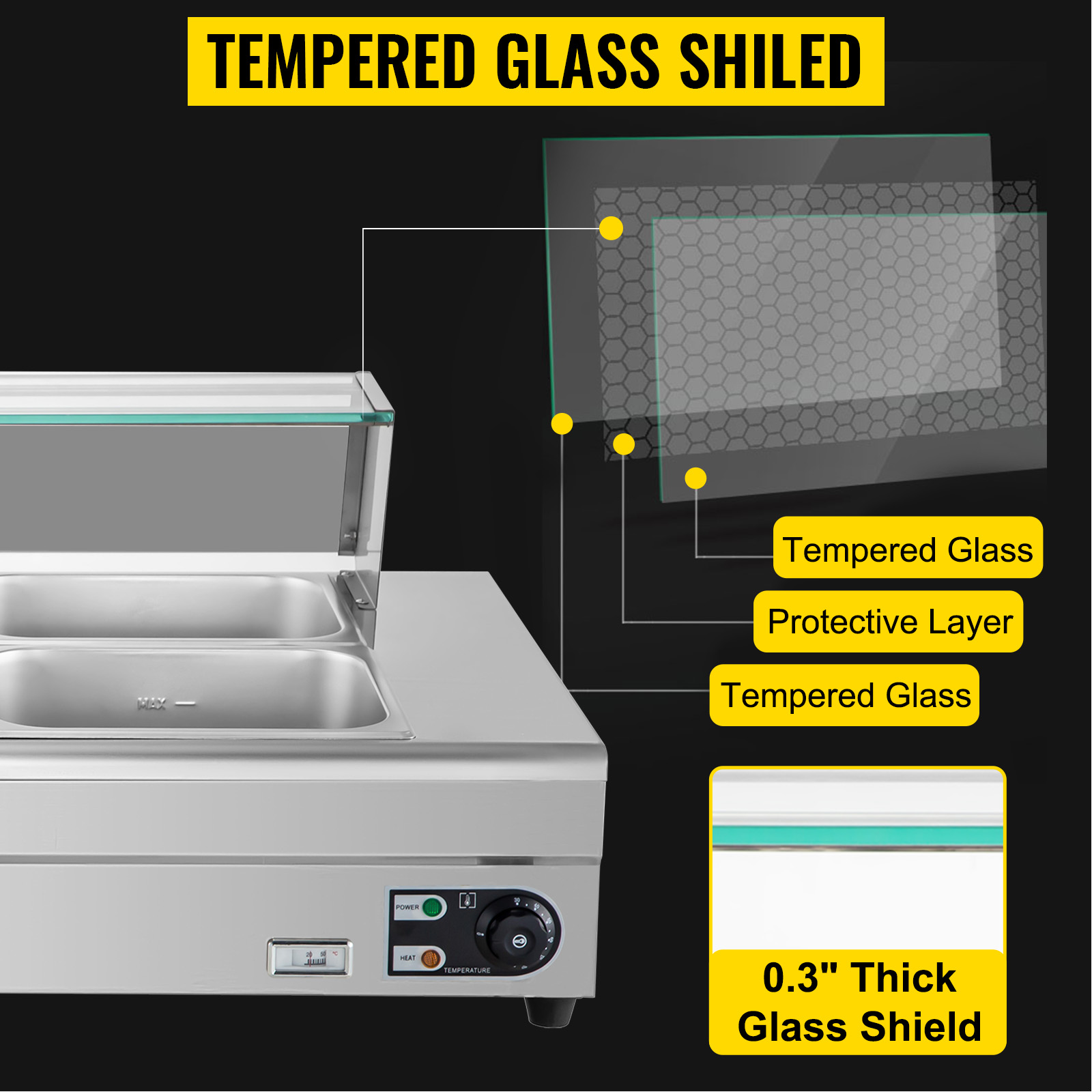 VEVOR 110V Bain Marie Food Warmer 6 Pan x 1/2 GN,Food Grade Stainelss Steel Commercial Food Steam Table 6-Inch Deep, 1500W Electric Countertop Food Warmer 66 Quart with Tempered Glass Shield