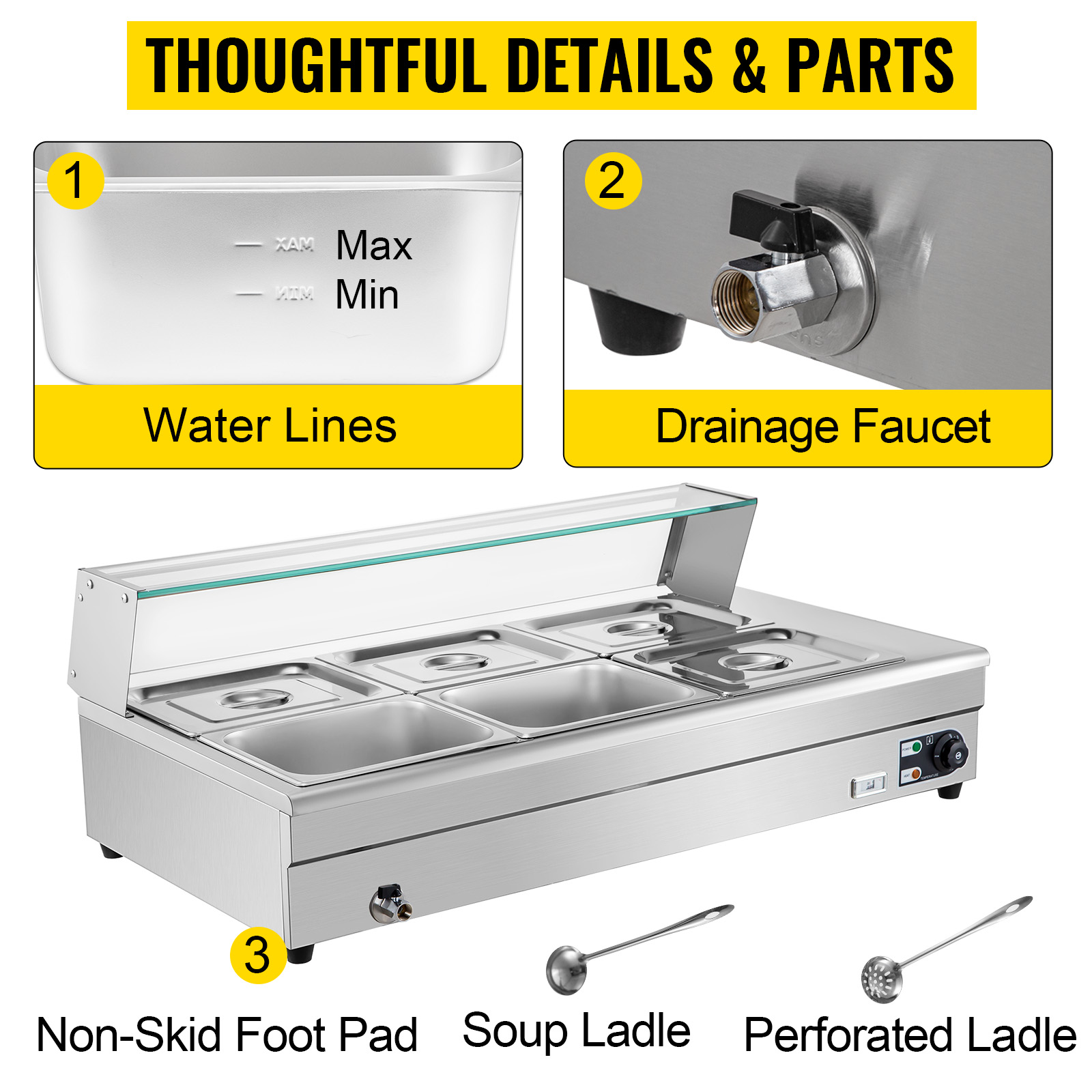 VEVOR 110V Commercial Food Warmer 6x1/6GN, 6-Pan Stainless Steel Bain Marie 12.6