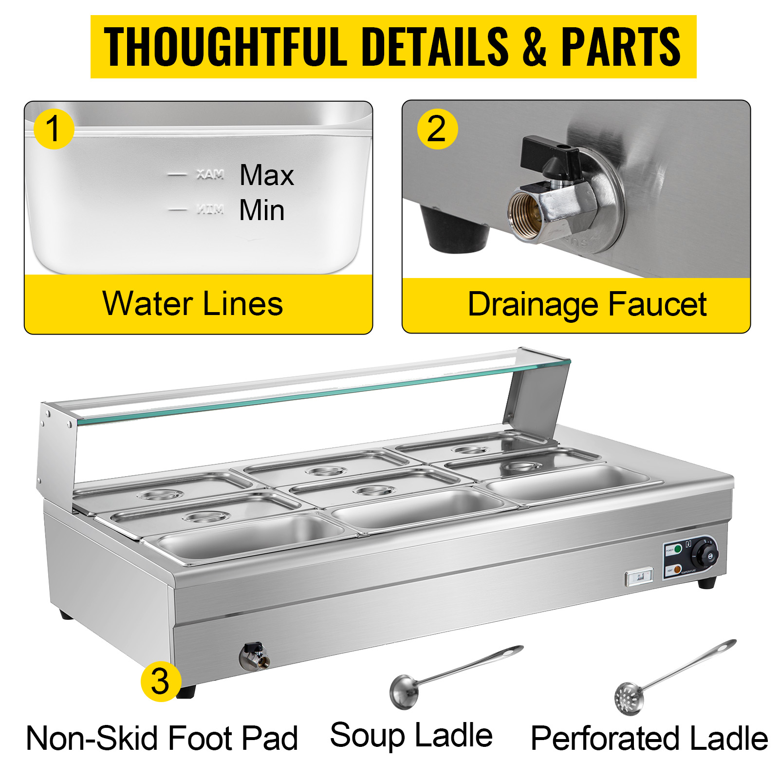 VEVOR 110V Commercial Food Warmer 6x1/6GN, 6-Pan Stainless Steel Bain Marie 12.6