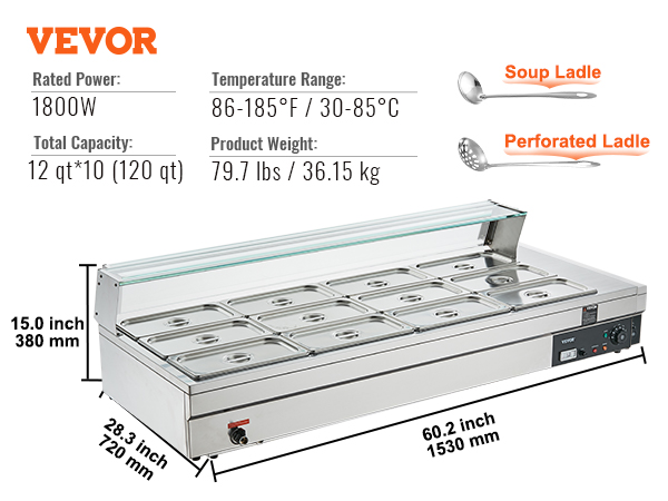 VEVOR 3-Pan Commercial Food Warmer 3 x 12qt Electric Steam Table with Tempered Glass Cover 1500W Countertop Stainless Steel Buffet Bain Marie