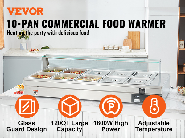 VEVOR 110V Commercial Food Warmer 6x1/6GN, 6-Pan Stainless Steel Bain Marie 12.6