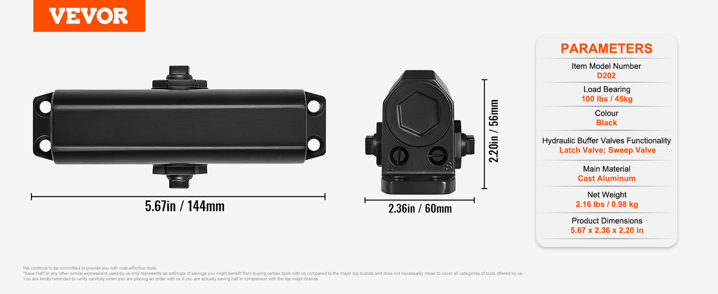 Zatvárač dverí VEVOR, automatický zatvárač dverí Komerčné alebo rezidenčné použitie pre hmotnosť dverí 45 kg, nastaviteľná veľkosť Hydraulické zatvárače dverí Telo z liateho hliníka pre vysoké zaťaženie, jednoduchá inštalácia, čierna