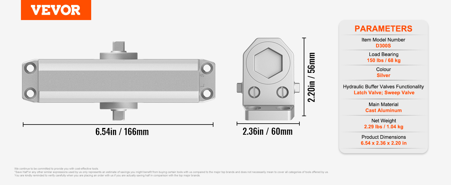 VEVOR dveřní zavírač, automatický dveřní zavírač Komerční nebo rezidenční použití pro hmotnost dveří 68 kg, nastavitelná velikost Hydraulické dorazové dveřní zavírače Tělo z těžkého litého hliníku, snadná instalace, stříbrná