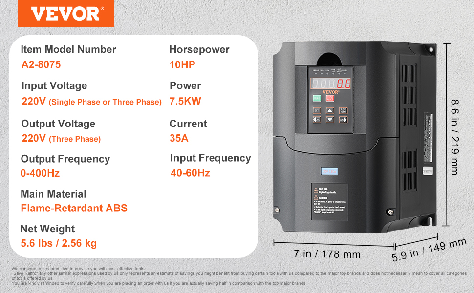 Vevor Vfd 10hp 7 5kw 35a 1 Or 3 Phase 220v Input To 3 Phase 220v Output Variable Frequency