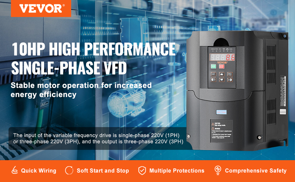 Vevor Vfd 10hp 7 5kw 35a 1 Or 3 Phase 220v Input To 3 Phase 220v Output Variable Frequency