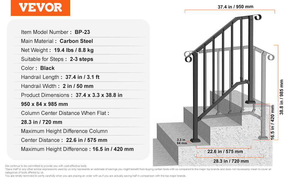 VEVOR 23 Step Handrails for Outdoor for Seniors Porch Deck Black Retro