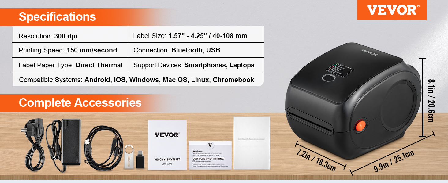 VEVOR Imprimante Étiquettes Thermique 4x6 300/203dpi Bluetooth/USB