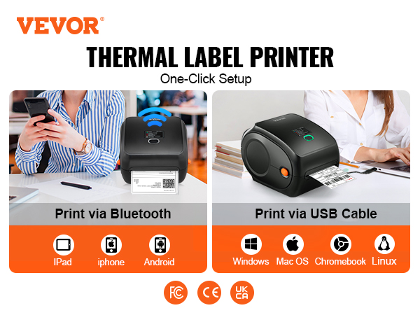 VEVOR Direct Bluetooth Thermal Label Printer HD(300DPI), All in One BT-USB  Cable Dual-use Shipping Label Printer w/Automatic Label Recognition,  Support Windows/MacOS/Linux/Chromebook/Android/iOS