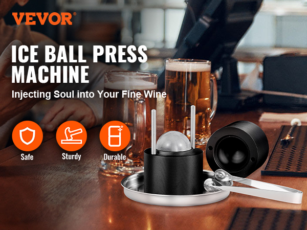 VEVOR Ice Ball Press Kit, Anodized 7075 Aluminum, w/ Silicone Moulds, Large Mat, Stainless Steel Tong & Two Glasses, Double Size Crystal Clear Rounds