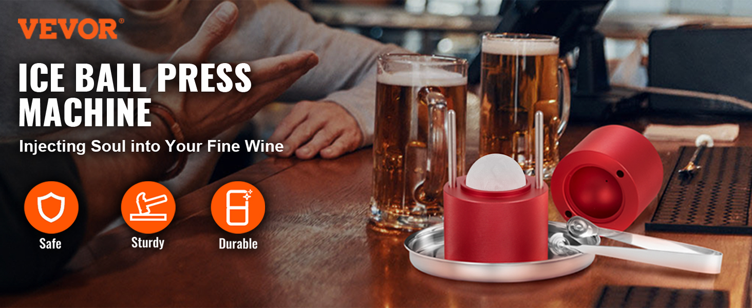 VEVOR Ice Ball Press, 2.4" Ice Ball Maker, Aircraft Al Alloy Ice Ball Press Kit for 60mm Ice Sphere, Ice Press with Tong and Drip Tray, for Whiskey, Cocktail, Bourbon, Scot on Party & Holiday, Red