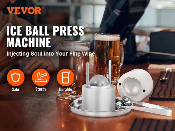 VEVOR Ice Ball Press Kit, Aircraft Al Alloy Ice Press with Ice Block Mold,  Large Mat, Tong, Drip Tray, One Glass, Round Ice Ball Maker 2.4/60 mm Ice