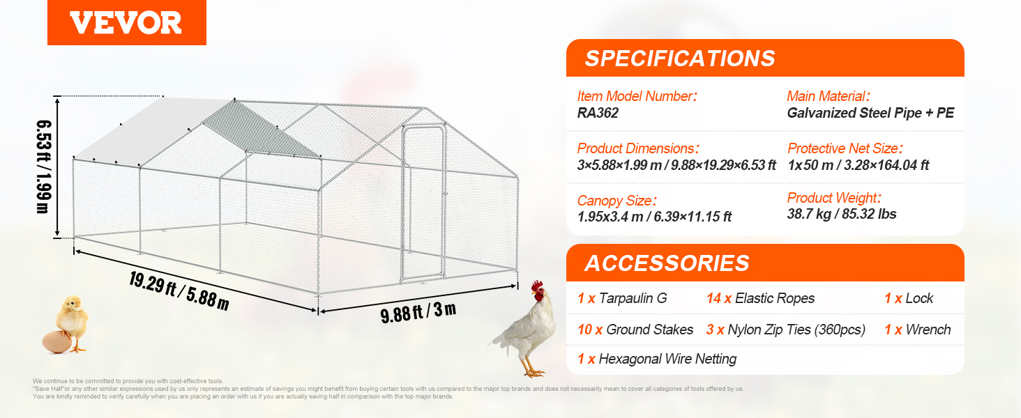 VEVOR chicken coop dimensions 19.29ft x 9.88ft x 6.53ft, accessories, and specifications display.