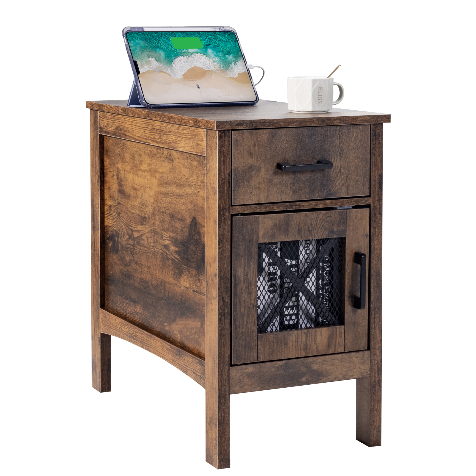 Farmhouse End Table Night Stand with USB Outlets LED Light White/Gray/Brown