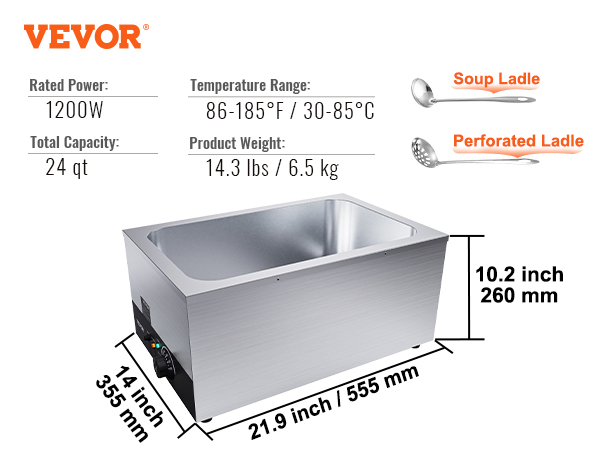 VEVOR Commercial Food Warmer 24QT Bain Marie 1200W Electric Buffet Warmer  Soup Warmer Stove Steam Countertop Stainless Steel Container Temperature  Control for Parties, Catering and Restaurant, Silver